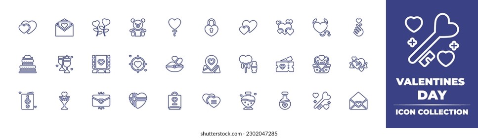 Valentines day line icon collection. Editable stroke. Vector illustration. Containing heart, love letter, flowers, teddy bear, ballons, heart lock, love, i love you, cake, wine, romantic movie, target