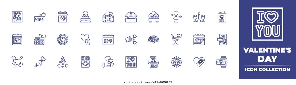 Valentine's Day line icon collection. Editable stroke. Vector illustration. Containing romantic, plant, love, cocktail, chocolate, fireworks, love message, letter, card, radio, megaphone, chat.