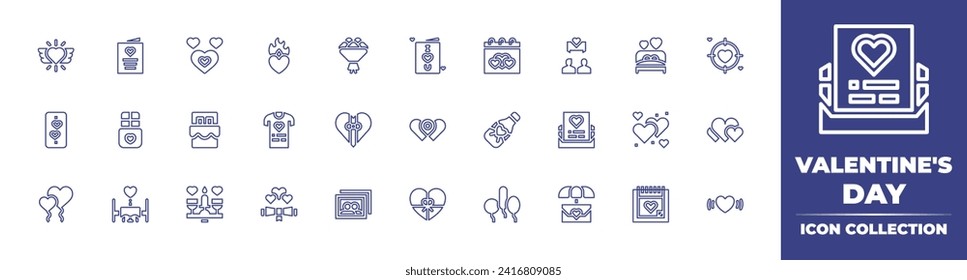 Valentine's Day line icon collection. Editable stroke. Vector illustration. Containing heart balloon, memories, valentines day, chocolate, champagne, wedding invitation, card, target, dating, ballons.