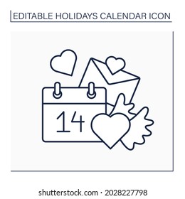 Valentines day line icon. February 14. Couples celebrate love holidays. Romantic dates. Love story. Holidays calendar concept. Isolated vector illustration. Editable stroke