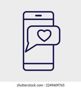 Icono de la línea de San Valentín teléfono móvil con corazón. Conversación en Internet, chat, decoración de amor. Dibujo manual, arte de línea, vectores plano y con letras para web, tarjeta, pegatina