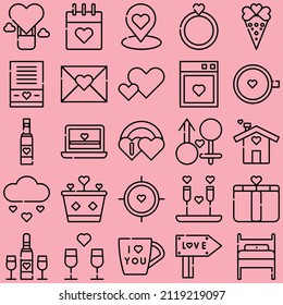 Juego de iconos de la línea del día de San Valentín. Colección de signos de vacaciones para diseño web y aplicación móvil. Pictogramas del Día del Amor. Corazón, candado, calendario, regalo, chat, flecha, icono negro floral sobre fondo rosado.