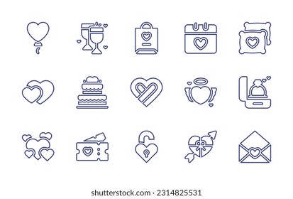 Valentines day line icon set. Editable stroke. Vector illustration. Containing ballons, wine, shopping bag, romantic date, pillow, heart, cake, angel, wedding ring, ticket, padlock, valentines day.