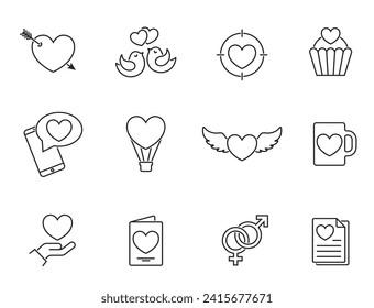 valentines day line icon set. heart and love symbols. vector images for valentine design
