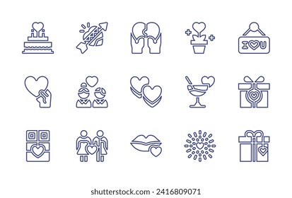 Valentine's Day line icon set. Editable stroke. Vector illustration. Containing puzzle, romantic, plant, gummies, love, cocktail, kiss, chocolate, fireworks, heart, i love you, couple, married.