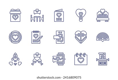 Valentine's Day line icon set. Editable stroke. Vector illustration. Containing valentines day, date, card, notebook, chat, rocket, typewriter, toast, smartwatch, heart, gift, bed, chocolate box.