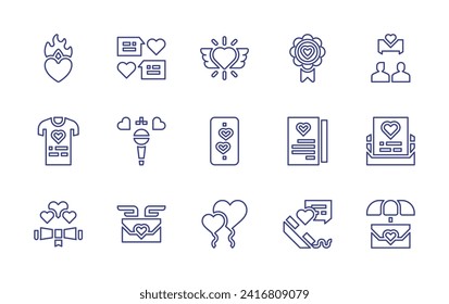 Valentine's Day line icon set. Editable stroke. Vector illustration. Containing heart balloon, passion, couple, chat, shirt, letter, microphone, love message, heart, badge, love letter.