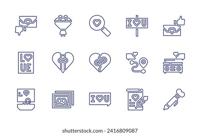 Conjunto de iconos de la línea de San Valentín. Trazo editable. Ilustración vectorial. Conteniendo recuerdos, mensaje de amor, angustia, ubicación, radio, amor, pergamino, espejo, ballet, ramo, búsqueda, caja de regalo.