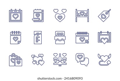 Valentine's Day line icon set. Editable stroke. Vector illustration. Containing valentines day, chocolate, dating, banner, calendar, label, wedding, wedding date, romantic date, menu, love message.