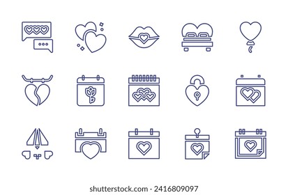 Valentine's Day line icon set. Editable stroke. Vector illustration. Containing heart, ballons, kiss, valentines day, wedding day, texting, bed, pendant, padlock, paper plane, love message.
