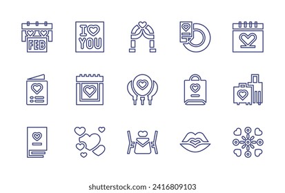 Valentine's Day line icon set. Editable stroke. Vector illustration. Containing valentines day, greeting card, honeymoon, book, celebration, i love you, wedding arch, menu, romantic date, ballons.