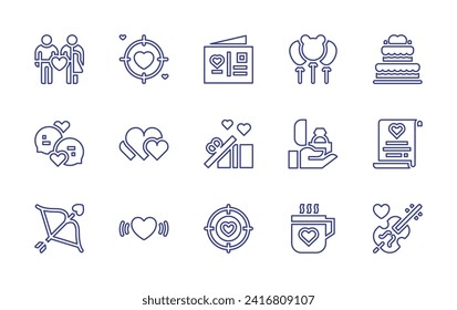 Valentine's Day line icon set. Editable stroke. Vector illustration. Containing present, target, cake, postcard, heart, love letter, beat, violin, married, balloons, chat, proposal, arrow, mug.
