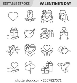 Valentine's day line icon set. Love collection with heart, rose, present, cupid, balloon, dove. Editable stroke. Vector illustration.