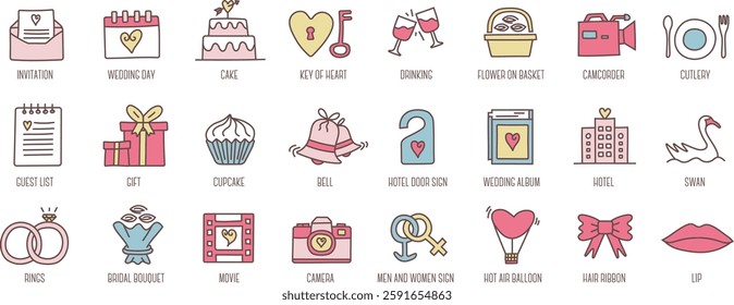 Valentine's Day line icon set. Set of 24 outline icons related to valentine, love, hearts, chocolates, flowers, rose, ring, gift, valentine day and others. Editable stroke. Vector illustration