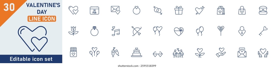Valentine's Day line icon set. Set of 30 outline icons related to valentine, love, hearts, chocolates, flowers, rose, ring, gift, valentine day and others. Editable stroke. Vector illustration.