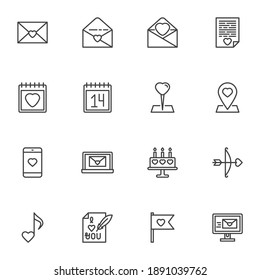 Valentines day line icons set, outline vector symbol collection, linear style pictogram pack. Signs, logo illustration. Set includes icons as love letter, calendar day, email message, romantic music