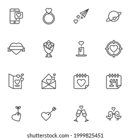 Valentines day line icons set, outline vector symbol collection, linear style pictogram pack. Signs, logo illustration. Set includes icons as flowers bouquet, heart ring, calendar day, champagne glass