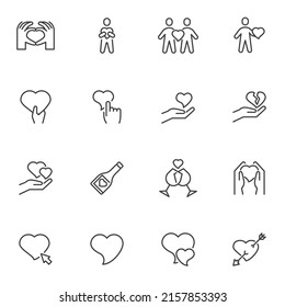 Valentines day line icons set, love outline vector symbol collection, linear style pictogram pack. Signs, logo illustration. Set includes icons as couple together, hand with broken heart, champagne 
