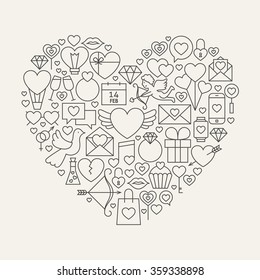 Valentine's Day Line Icons Set Heart Shape. Vector Illustration of Love Wedding Modern Objects.