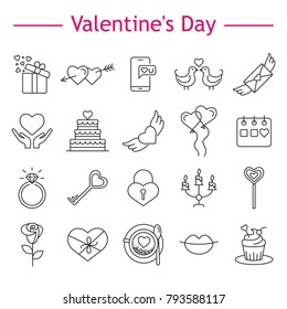 Valentine's Day line icons set.Present, Balloons, Gift, Cupcake, Birthday, Love Letter, Balloons, Wingerd heart, Diamond ring, Birds, Wedding Cake.  Love symbols. Vector illustration. Editable stroke.
