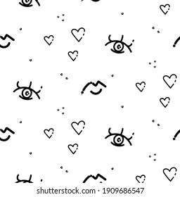 valentine's day line romantic seamless pattern with hearts, eyes and lips. for printing on textille, clothes. line style of minimalism. vector illustration pattern isolated on white background