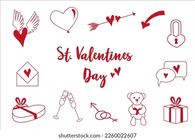 Valentine's day  line symbol set. Heart, gift, bear, letter, lock, balloon, chat, arrow, mars.