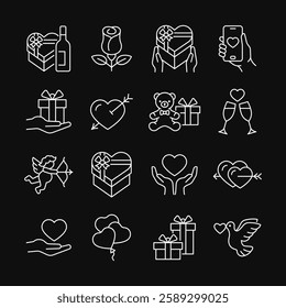 Valentine's day line white icon set on black background. Love collection with heart, rose, present, bottle of wine, cupid, balloon, dove. Editable stroke. Vector illustration.