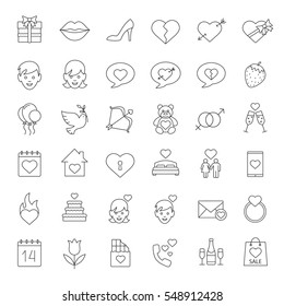 Valentine's Day linear icons set. Amour arrow and bow, teddy bear, present, man and woman, champagne, chatting, lovers bed, heart, 14 February. Thin line contour symbols. Isolated vector illustrations