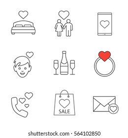 Valentine's Day linear icons set. Lover's bed, couple, smartphone dating app, boy in love, ring, phone sex, Valentine's Day sale, love letter. Thin line contour symbols. Isolated vector illustrations