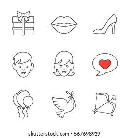 Valentine's Day linear icons set. Gift box, woman's shoe, kiss, boy and girl, love message, air balloons, dove, Cupid's bow and arrow. Thin line contour symbols. Isolated vector illustrations