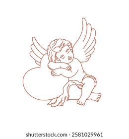 Valentines day linear illustration. Cute baby angel with wings and heart. Vintage cherub outlines. Vector on white background for posters, cards, printing on t-shirt etc.