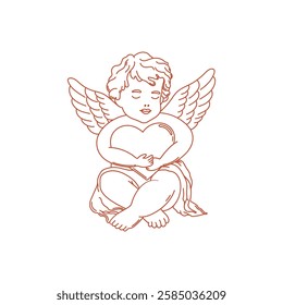 Valentines day linear illustration. Cute baby angel with wings and heart. Vintage cherub outlines. Vector on white background for posters, cards, printing on t-shirt etc.