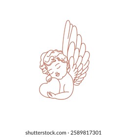 Valentines day linear illustration. Cute baby angel with wings and heart. Vintage cherub outlines. Vector on white background for posters, cards, printing on t-shirt etc.