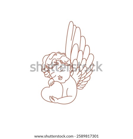 Valentines day linear illustration. Cute baby angel with wings and heart. Vintage cherub outlines. Vector on white background for posters, cards, printing on t-shirt etc.