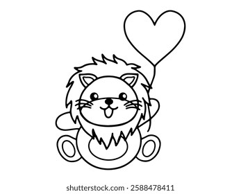 Valentines Day Lion Holding Balloon Line Art