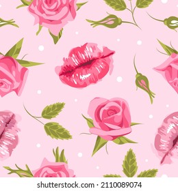 Valentines Day. lips and roses. Elegant English pink roses seamless pattern, vintage style. For weddings, wallpaper, printing on fabric, wrapping.