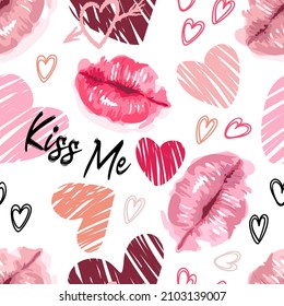 Valentines Day. Lips in a watercolor style, hearts lettering kiss me. Daring bright modern pattern, graffiti. On white background. For wallpaper, printing on fabric, wrapping, background.