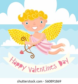 Valentine's Day. Little Angels. Congratulation to the holiday. Cute Cupid. Bags, candy and a TV. Background with clouds
