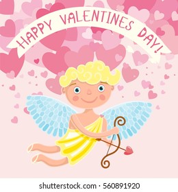 Valentine's Day. Little Angels. Congratulation to the holiday. Cute Cupid. Bags, candy and a TV. Background with hearts