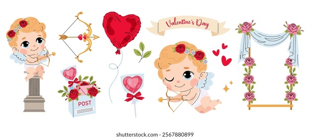 Valentine's Day. Little cute cupid with arrows. Set of vector elements in romantic style: cupids, hearts, roses.