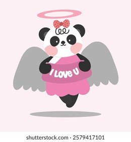 Valentine's Day. Little cute cupid panda. Set of vector elements in romantic style. Suitable for decorative elements for invitatition, clip art, sticker, etc