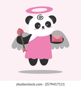 Valentine's Day. Little cute cupid panda. Set of vector elements in romantic style. Suitable for decorative elements for invitatition, clip art, sticker, etc