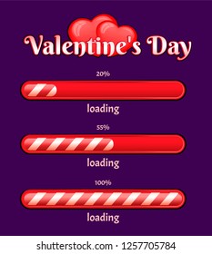  Valentine's Day loading bar on a dark background . Vector Hearts are red.