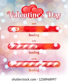 
Valentine's Day loading bar on a bright background with bokeh. Vector Hearts are red.