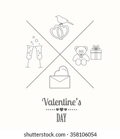 Valentine's day logo design template. Graphic elements with hearts, arrows, champagne, gifts, flowers, bird, diamonds. Vector illustration