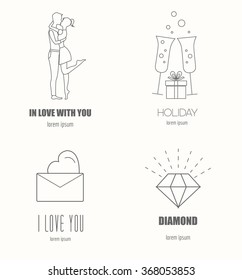 Valentine's day logo design template. Graphic elements with hearts, arrows, champagne, gifts, flowers, bird, diamonds. Vector illustration