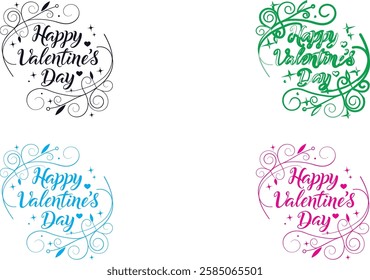 Valentine's Day logos, heart icons, pastel colors, minimalist design, typography, decorative swirls, romantic symbols, vector graphics, clean lines, black and white version, green version, blue versio