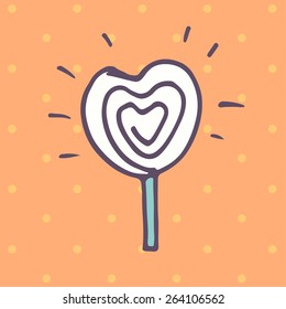 Valentines Day lollipop flat icon on orange background