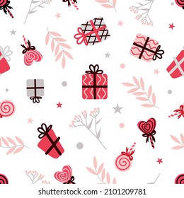 Valentines Day. Lollipop, hearts, gifts, leaves. Bright pattern in cartoon style, pink and gray colors. For weddings, wallpaper, printing on fabric, wrapping. Pink gray tones.