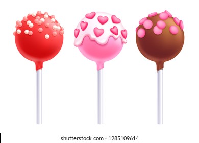 Valentine's day lollipops set. Colorful cake pops on stick with sprinkles and frosting.